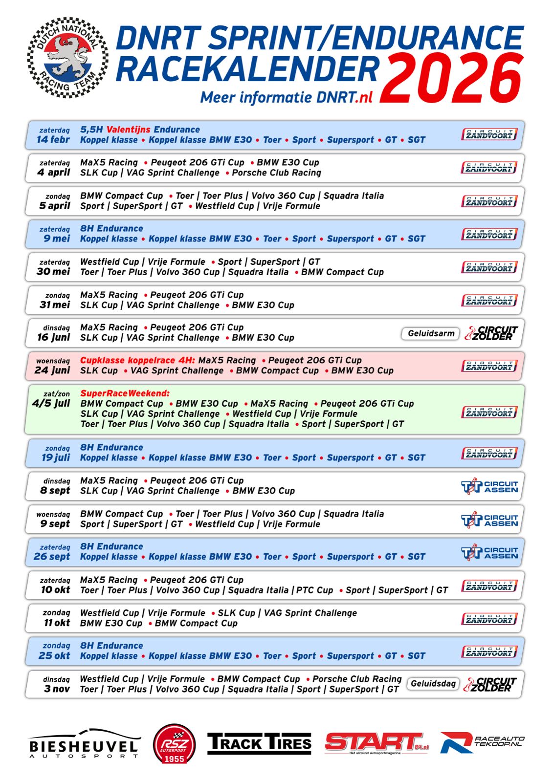 DNRT Sprint Endurance kalender 2026